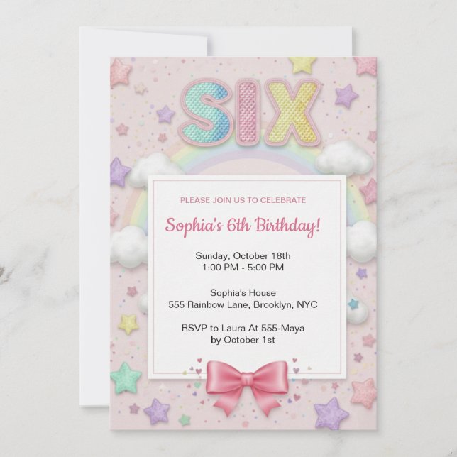 Invitación Cumpleaños 6 de niña con purpurina arcoíris pastel (Anverso)