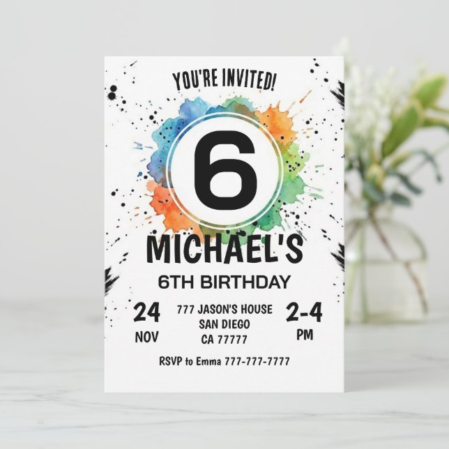 Invitación Cumpleaños 6 del niño de salpicadura de acuarela (Anverso de pie)