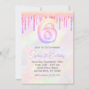 Invitación Cumpleaños 6 Girl Glitter Rosa Holográfico con Got
