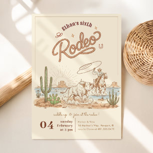 Invitación Cumpleaños 6 Vintage Rústico Cowboy Rodeo Gingham