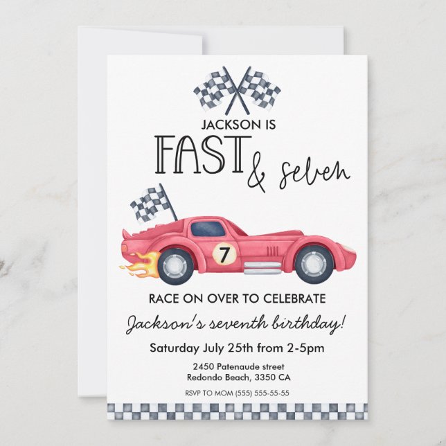 Invitación Cumpleaños 7º Cumpleaños Siete & Coches de carrera (Anverso)