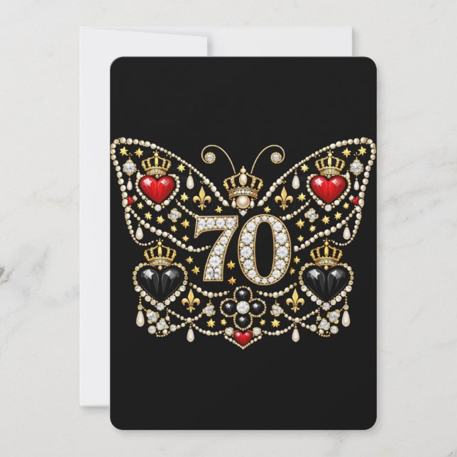 Invitación cumpleaños 70 adornado con diamantes mariposa (Anverso)
