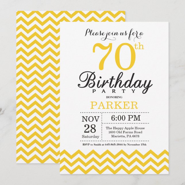 Invitación Cumpleaños 70 Años Chevron Amarillo (Anverso / Reverso)