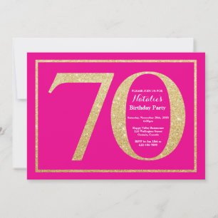 Invitación Cumpleaños 70 años rosa fucsia y brillo dorado