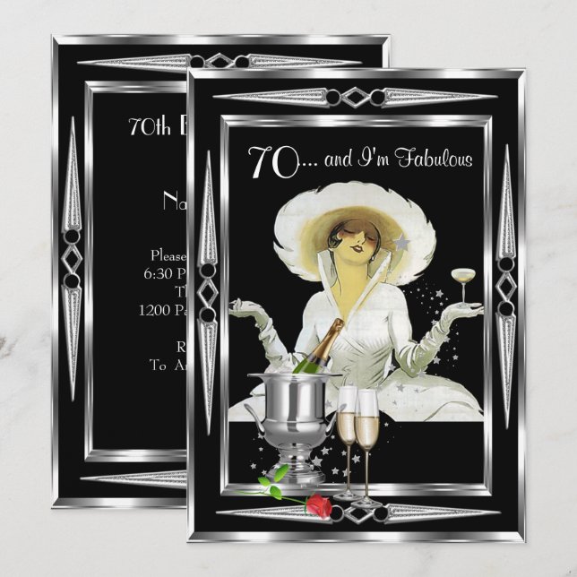 Invitación Cumpleaños 70 Art Deco Diva Retro Negro Plateado (Anverso / Reverso)