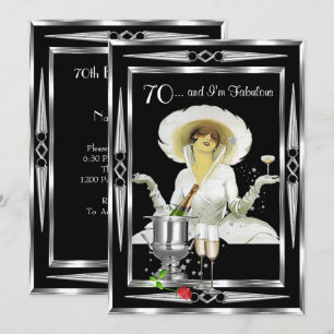 Invitación Cumpleaños 70 Art Deco Diva Retro Negro Plateado