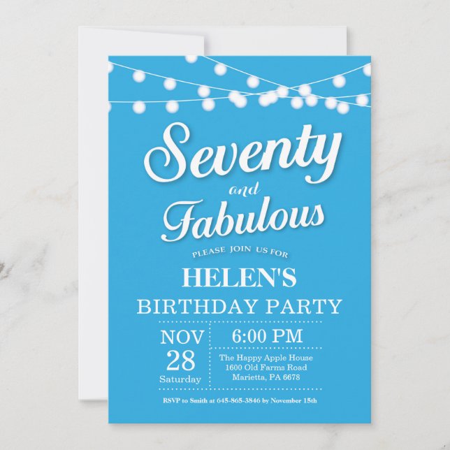 Invitación cumpleaños 70 azul fabuloso (Anverso)