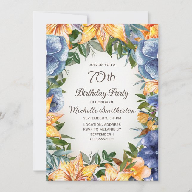 Invitación Cumpleaños 70 Azul Naranja Floral (Anverso)