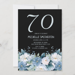 Invitación Cumpleaños 70 Azul Polvoriento Floral Blanco Negro