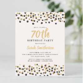 Invitación Cumpleaños 70 Blanco Negro Dorado Confeti Brillant