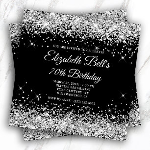 Invitación Cumpleaños 70 Brillante Color Negro Purpurina Plat