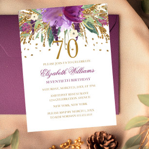 Invitación Cumpleaños 70 Brillante Purpura con Brillo Floral