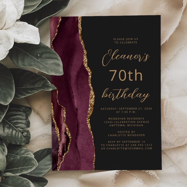 Invitación Cumpleaños 70 Burgundy Gold Agate Slate Script (Subido por el creador)