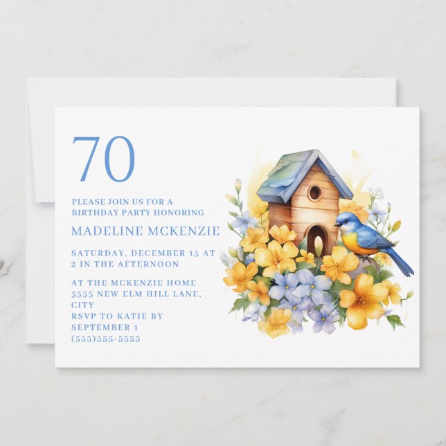 Invitación Cumpleaños 70 Casa de Pájaros Azul Flores Amarilla (Anverso)