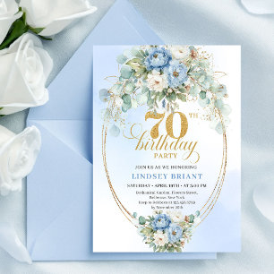 Invitación Cumpleaños 70 Chic Bohemiand con Peonías Azules Pa