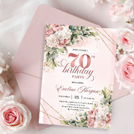 Invitación Cumpleaños 70 con Floral Acuarela Rosa Hermoso