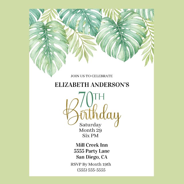 Invitación Cumpleaños 70 con Hojas Tropicales Acuarela (Watercolor Tropical Leaves 70th Birthday Invitation For Women.)