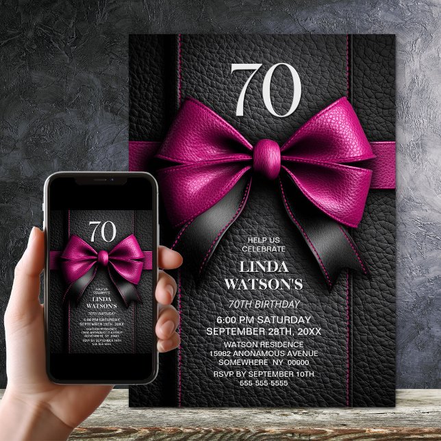 Invitación Cumpleaños 70 con Lazo de Cuero Rosa (Subido por el creador)