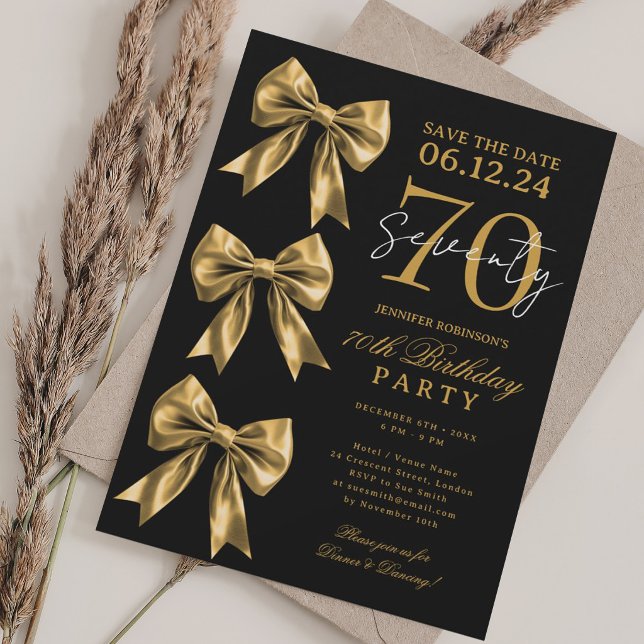 Invitación Cumpleaños 70 Coquette Bow Save Date Negro (Gold Coquette Bow Save Date 70th Birthday Black Invitation)