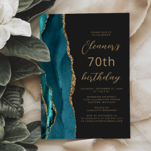 Invitación Cumpleaños 70 de Ágata Esmeralda Azul Escritura Pi