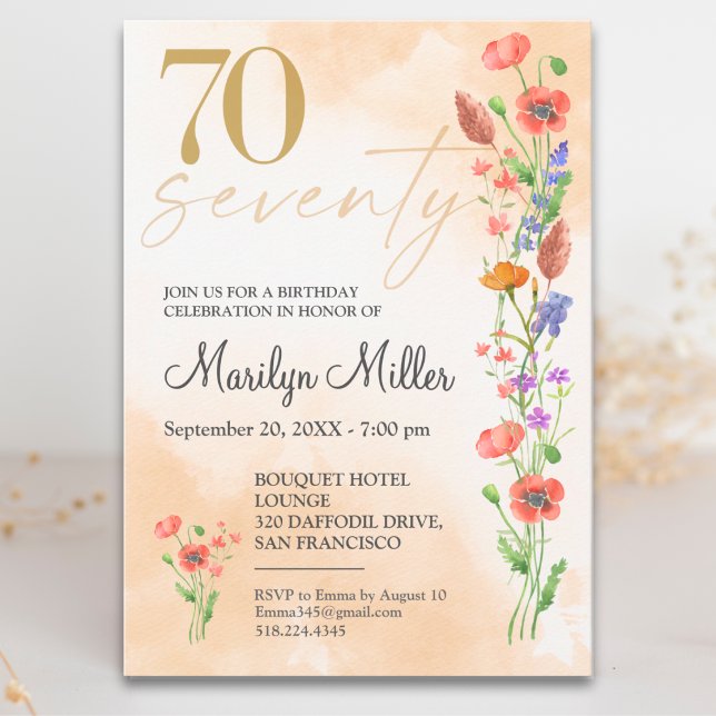 Invitación Cumpleaños 70 de Flor Silvestre Suave para Ella (Subido por el creador)