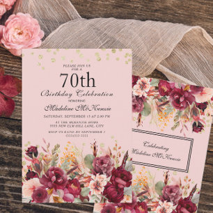 Invitación Cumpleaños 70 de Floral Burgundy Rosa Brillo Dorad