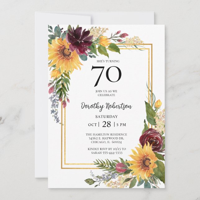 Invitación Cumpleaños 70 de Girasoles (Anverso)