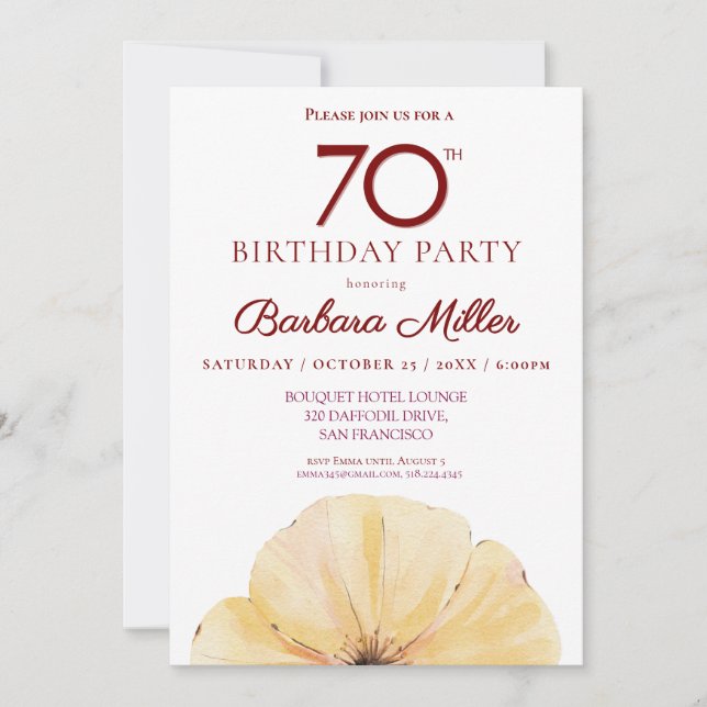 Invitación Cumpleaños 70 de la Floral - elegante caída amaril (Anverso)