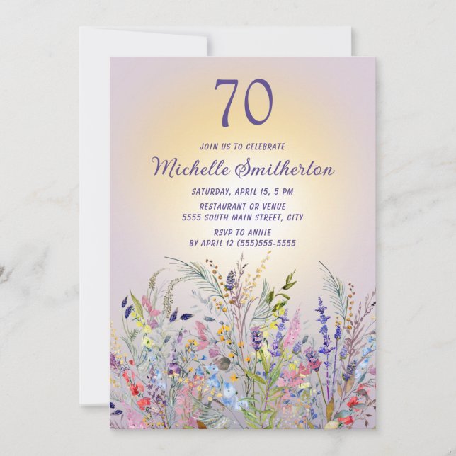 Invitación Cumpleaños 70 de Lavanda Flores Silvestres para Mu (Anverso)