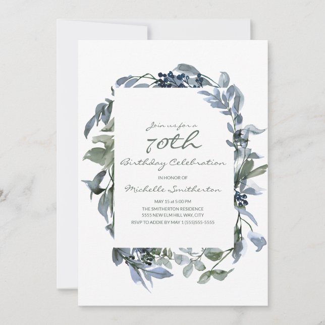 Invitación Cumpleaños 70 de mujer con hojas verdes acuarela (Anverso)