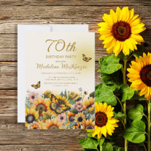 Invitación Cumpleaños 70 de mujeres girasoles mariposas