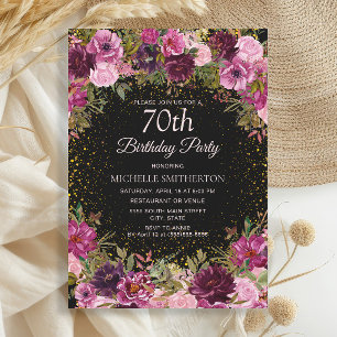 Invitación Cumpleaños 70 de Purpura Rosa Floral Brillante Neg