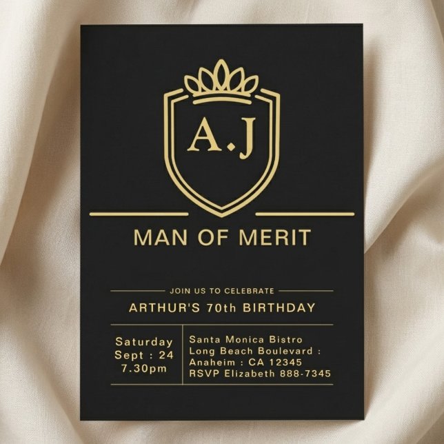 Invitación Cumpleaños 70 del Esposo Fiesta de Oro Negro (Black and gold invite on cloth background.)