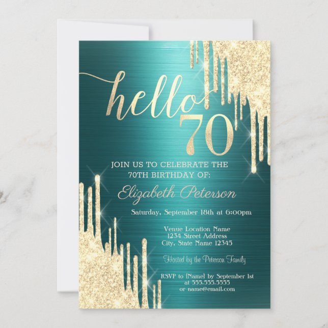 Invitación Cumpleaños 70 dorado con brillo que gotea sobre fo (Anverso)