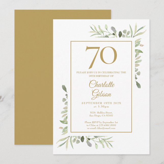 Invitación Cumpleaños 70 Elegante Acuarela Dorada con Verdor (Anverso / Reverso)