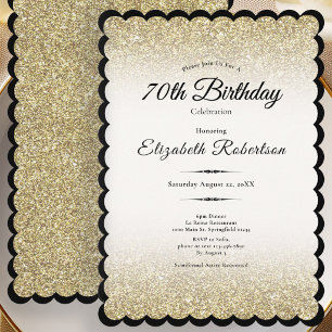 Invitación Cumpleaños 70 Elegante con Brillo Negro y Dorado