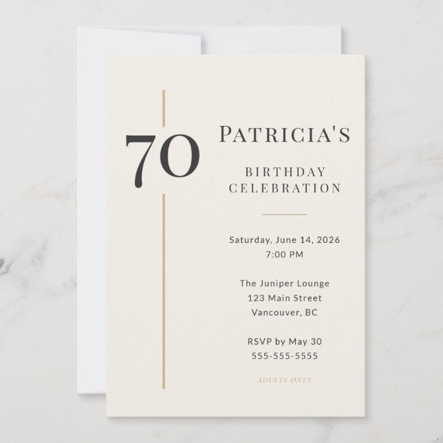 Invitación Cumpleaños 70 Elegante Crema y Dorado (Anverso)