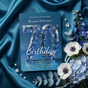 Invitación Cumpleaños 70 Elegante Diamante Azul Zafiro