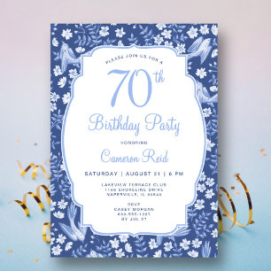 Invitación Cumpleaños 70 Elegante Floral Azul Femenino Pájaro