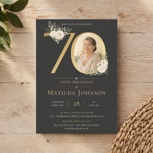 Invitación Cumpleaños 70 Elegante Floral Foto Dorada