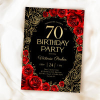 Cumpleaños 70 Elegante Rojo Negro y Floral Dorado