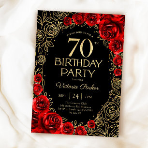 Invitación Cumpleaños 70 Elegante Rojo Negro y Floral Dorado