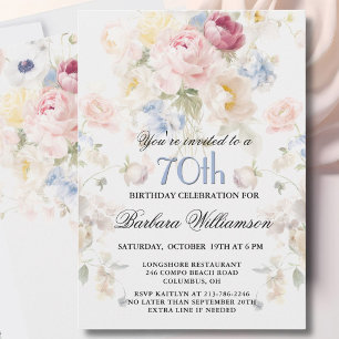 Invitación Cumpleaños 70 Elegante Rosa Floral Pintada al Past