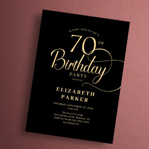 Invitación Cumpleaños 70 Elegante Sencillo Negro Dorado Letra