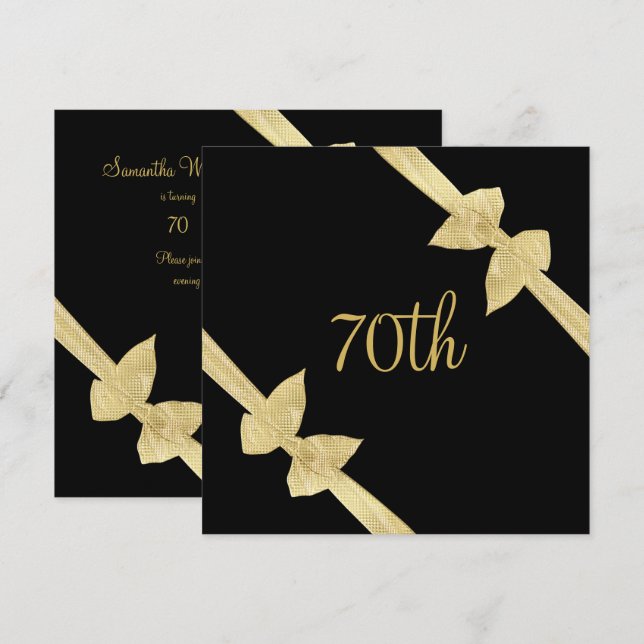Invitación Cumpleaños 70 Elegantes Lazos de Oro Falso (Anverso / Reverso)