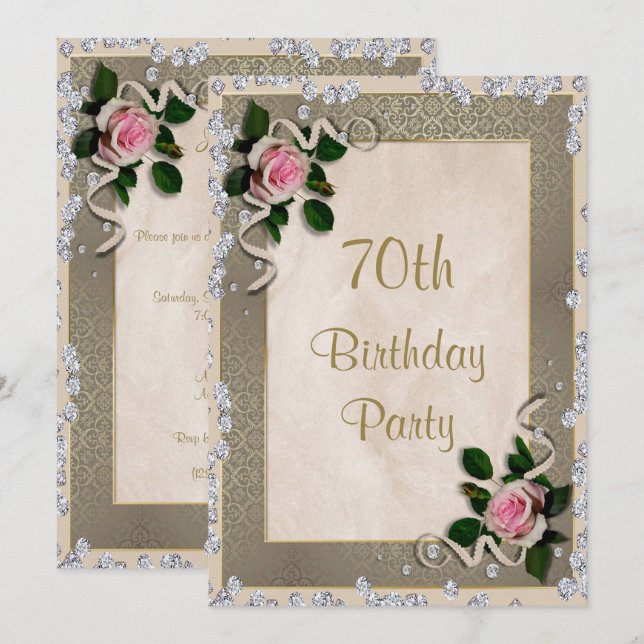 Invitación Cumpleaños 70 Elegantes Rosas Rosadas Enmarcadas (Anverso / Reverso)