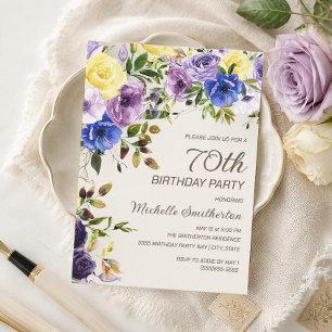 Invitación Cumpleaños 70 en Floral Acuarela Amarillo Púrpura