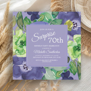 Invitación Cumpleaños 70 en Floral Acuarela Purpura Verde y A