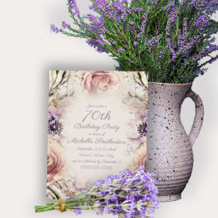 Invitación Cumpleaños 70 en tono rosa con mariposas en escrit