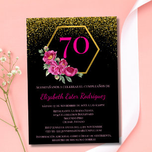 Invitación Cumpleaños 70 Español Fancy Negro Oro y Rosa